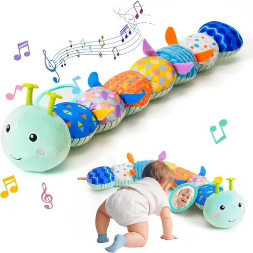 Baby Toys 0-6 Month, Musical Caterpillar Baby Rattle, Plush Sensory Toy with Mirror, Crinkle Textures, Newborn Developmental Tummy Time Stuffed Animal for Infants Boys Girls 6-12 Months (Blue)