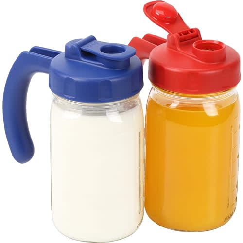 2 Pack Wide Mouth Mason Jar Pour Spout Lids with Handle | Airtight & Leak-proof Seal, Easy Pouring Spout, Turns your Mason Jar into Pitcher, Silicone Seal Gasket, Jars not included