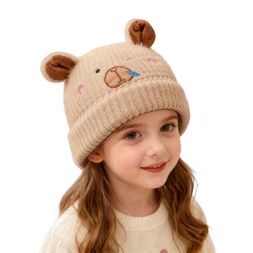 Baby Girl Beanie Bear Hat with Ears Cute Bear Soft Knit Winter Hat with Embroidery for Infants Toddlers,Color:Khaki