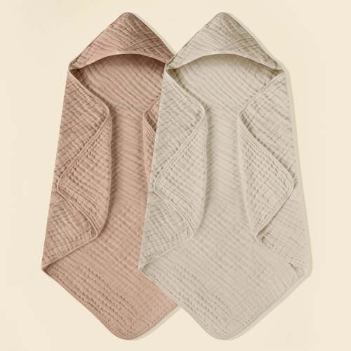 Hooded Ba-by Towels for New-born 2 Pack 100% Muslin Organic Cotton Ba-by Bath Towel with Hood for Ba-bies, Inf-ant, Tod-dler and Ki-ds, Large 35x35Inch, Soft and Absorbent New-born Essential