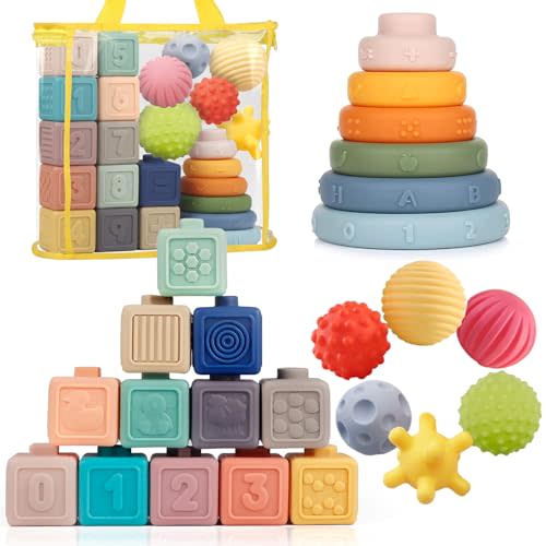 Weilim Montessori Toys Soft Stacking Building Blocks Rings Balls Sets 3 in 1 Baby Toys Bundle for Babies 6-12 Months Sensory for Toddlers 1-3 Teething Bath for Infants Learning Toy