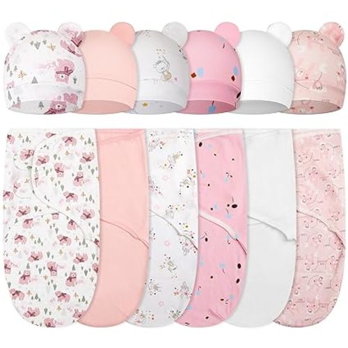 Ramede 6 Pack Baby Swaddle Blankets with Hats,Lace,Light Color