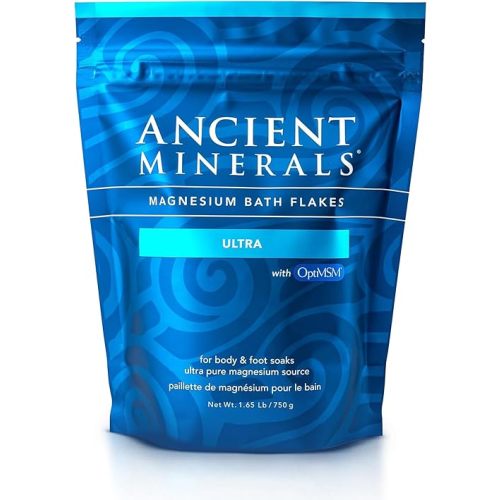 Ancient Minerals Magnesium Bath Flakes Ultra with OptiMSM – Pure Zechstein Magnesium Chloride and Organic Sulfur Bath Salts, Soothing Mineral Soak for Skin & Body, 1.65 lb