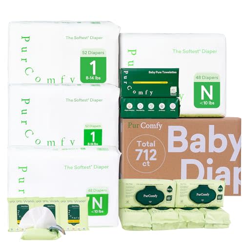 PurComfy Baby Diapers Essential Kit, Size N (96Ct) & Size 1 Diapers (104Ct), 6 Water Wipes (360Ct), 4 Travel Wipes (32Ct) and 2 Dry Wipes(120Ct), Baby Essentials Kit for Sensitive Skin, Total 712 Ct