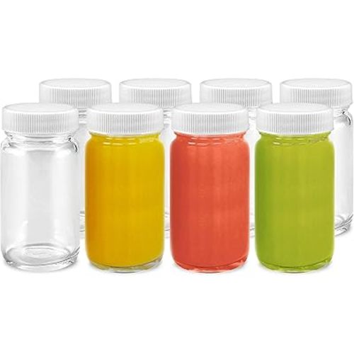 Juice Shot Bottles Set - Wide Mouth for Juicing, Beverage Storage, Liquids, 2 oz, Clear Small Glass Bottles with White Caps, Reusable, Leak Proof, Jars (8 pack)