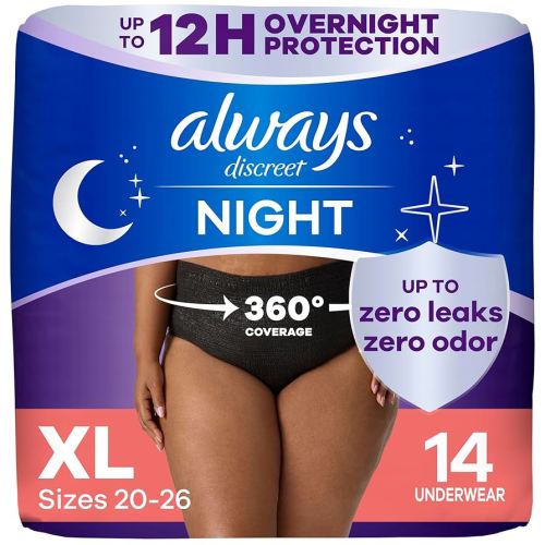 Always Discreet Adult Incontinence Overnight Underwear for Women, Extra Large, Up to 100% Bladder Leak Protection, 14 Count