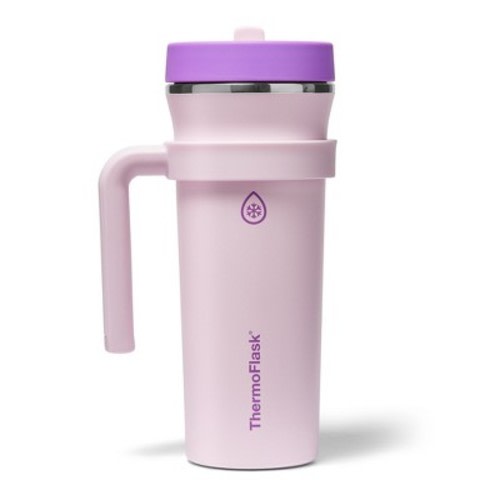 ThermoFlask 32 oz Double Wall Vacuum Insulated Stainless Steel Tumbler with Straw Lid, Removable Handle, Rosy Twilight
