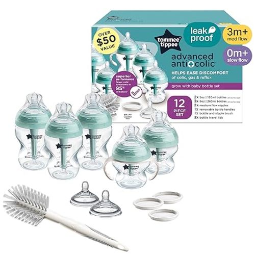 Tommee Tippee Advanced Anti-Colic 12 Piece Set, 5 oz and 9 oz BPA Free Bottles, Newborn 0+ Months, Includes Slow & Medium-Flow Breast-Like Nipples and Bottle Handles and Cleaning Brush