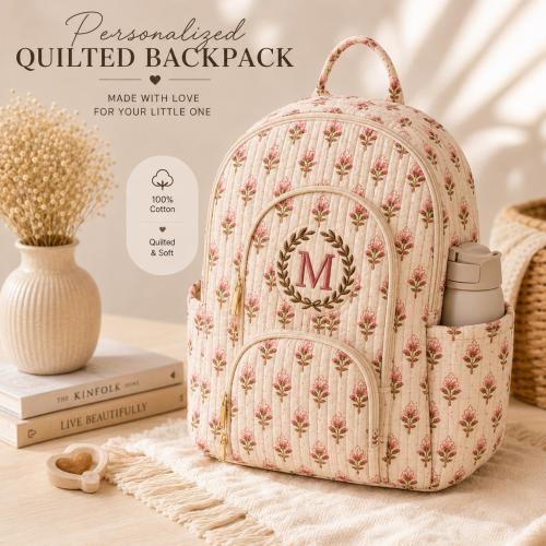 Personalized Quilted Cotton Backpack, Floral Print, Kids Travel Bag