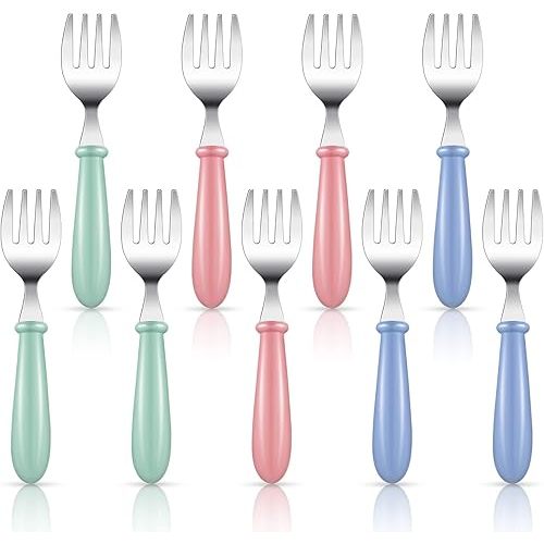 Chumia 9 Pieces Stainless Steel Toddler Forks, Kids Safe Utensils Set Baby Kids Self Feeding Training Cutlery with Round Handle, Stainless Steel Metal Flatware for Children Boys Girls, Dishwasher Safe