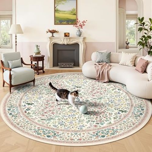 6FT Round Area Rugs, Machine Washable Low Pile Floral Rugs for Living Room, Bedroom, Large Boho Area Rug with Non-Slip Backing for Dining Room(Pink Floral)