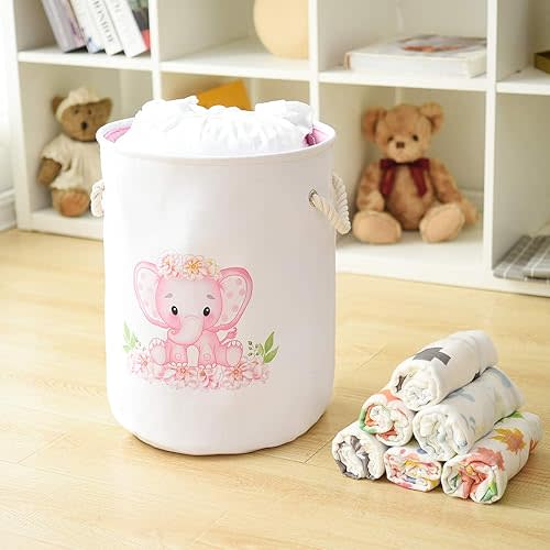 INough Baby Basket Pink Hamper Large Kids Hamper Baby Laundry Hampers for Nursery Girl, Girls Laundry Baskets for Kids, Dirty Clothes Basket Collapsible Kids Toys Orgnizer for Kidsroom/Nursery