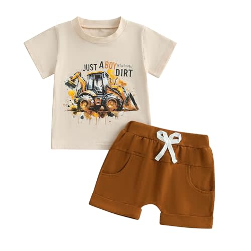 Toddler Baby Boy Clothes Summer Short Sleeve Trucks Tractors Print T-Shirt Tops Solid Color Shorts Set Casual Outfit