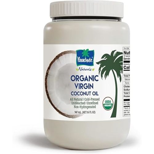 "Parachute Naturalz Organic Virgin Coconut Oil | Cooking Oil, Hair Oil, Body Oil & Oil Pulling | Cold Pressed | Unbleached | Unrefined | Non-Hydrogenated | MCT Oil | USDA Certified | 32 Fl. Oz | Plastic Jar"