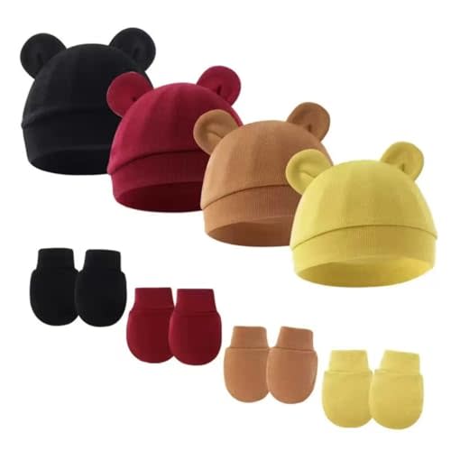 Newborn Baby Hats and Mittens Set Bear Ear Baby Beanie No Scratch Cotton Infant Caps Gloves Newborn Hats for Boys Girls