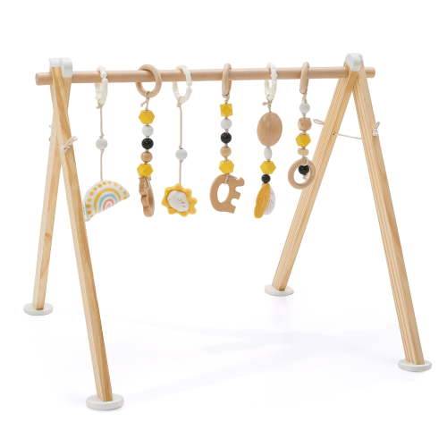 Jolie Vallee Wooden Baby Play Gym , Foldable Baby Play Gym Frame Activity Gym Hanging Bar with 6 Gym Baby Toys for Newborn Baby,Natural