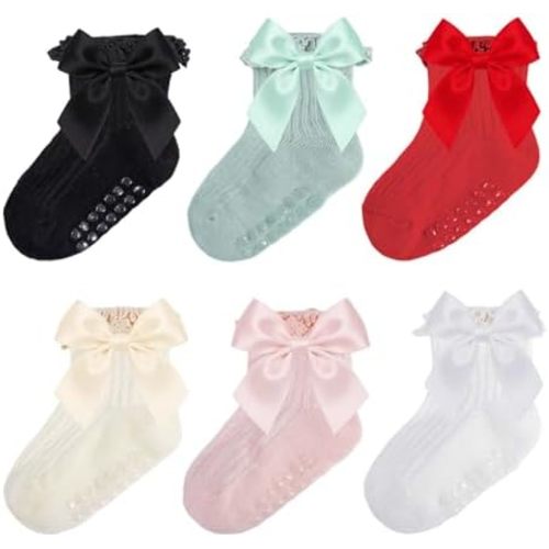 Baby Socks Baby Girl Non Slip Grip Ruffle Socks with Bows Soft Cotton Toddler Girl Sock with Grips Newborn Infant