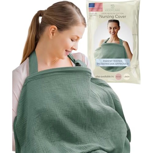 Kiddycare Nursing Cover, Muslin Cotton Privacy Nursing Covers, Gentle on Baby's Skin, Discreet Breastfeeding Covers for Nursing Moms, Breathable Nursing Cover Up for Breastfeeding Essentials (Basil)