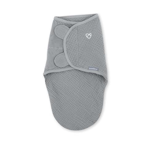 SwaddleMe by Ingenuity Muslin Original Swaddle, 100% Cotton, Size Small/Medium, for Ages 0-3 Months, 7-14 Pounds, Up to 26 Inches Long, 1.5 TOG - Gray