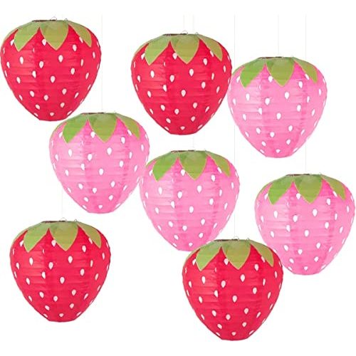 8Pcs Strawberry Paper Lanterns Red and Pink Hanging Strawberry Decor Fruit Themed Party Ornaments for Party Decorations