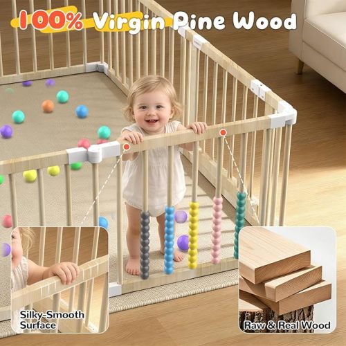 65x50” Large Wooden Baby Playpen with Abacus Beads Toys - Foldable Wood Play Yard with Safety Gate, Extra Large Activity Center for Toddlers, No Assembly Needed, Natural Pine Baby Fence