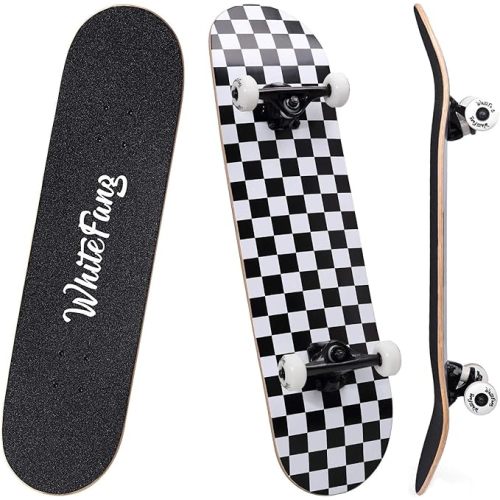 WhiteFang Skateboards for Beginners, Complete Skateboard 31 x 7.88, 7 Layer Canadian Maple Double Kick Concave Standard and Tricks Skateboards for Kids and Beginners