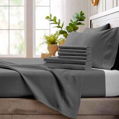Bamboo Bay 6 Piece Queen Size Sheet Set, 100% Viscose Made from Bamboo, Breathable Ultra Soft Cooling Bed Sheets for Hot Sleepers, Beddings with Deep Pockets Fit 16" Mattress, Dark Grey
