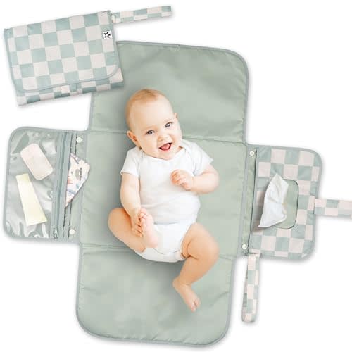 Tiny Twinkle Portable Diaper Changing Pad | Waterproof, Wipeable & Compact Baby Changing Pad for Travel | Smart Wipes Pocket & Organized Storage| Newborn Shower Gift (Sage Checkers)