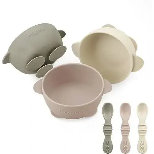 PandaEar 3 Pack Silicone Suction Baby Bowls & 3 Baby Feeding Spoons | Non-Slip Stay Put Bowls & Soft Silicone First Stage Spoons for Toddlers, BPA-Free Baby Led Weaning Set (Linen Brown Tan)