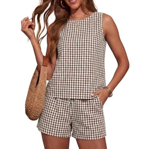 LOMON Women's Trendy 2 Piece Outfits Shorts Sets Summer Crew Neck Sleeveless Tank Top and Bottom Matching with Pockets 2026