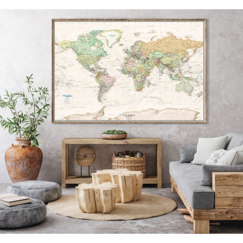 Personalized World Map Poster Beige Ocean Antique Style Large Canvas Wall Art