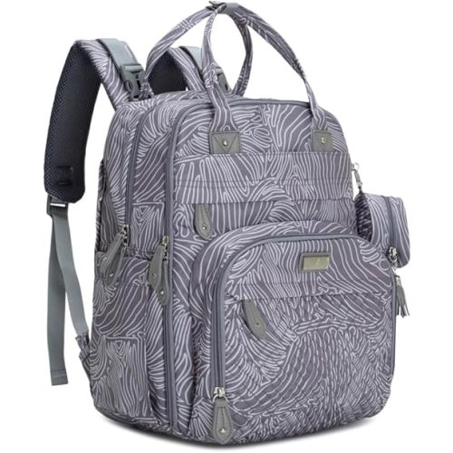 BabbleRoo Diaper Bag Backpack - Baby Essentials Travel Tote - Multi Function Water Resistant Diaper Bag, Travel Essentials Baby Bag with Changing Pad, Stroller Straps & Pacifier Case - Grey Swirls