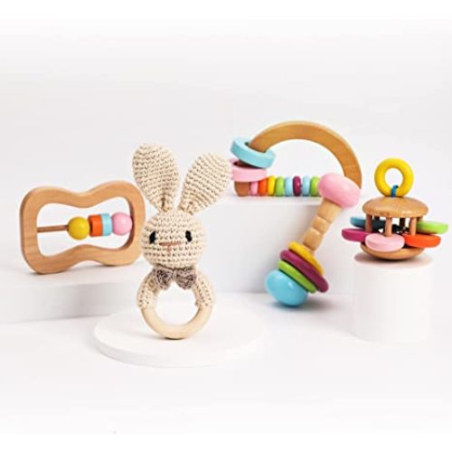 Personalized Rabbit Baby Rattle Wooden Sensory Toy 5pc Organic Wood Rattle Set Newborn Gift - bunny