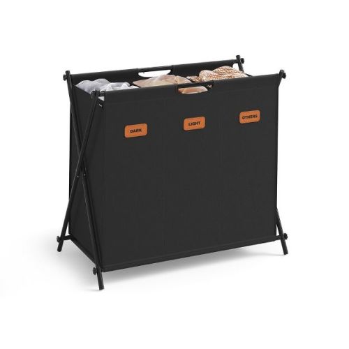 SONGMICS Laundry Hamper, Laundry Basket, Laundry Sorter 3 Sections, Collapsible X-Frame, Clothes Organizer with Customizable Labels,Ink Black