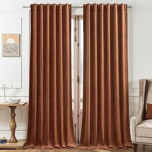 Timeper Burnt Orange Velvet Curtains 63 inches 2 Panels, Light Blocking Curtains for Bedroom Living Room Thermal Insulated Luxury Super Soft Window Drapes,Back Tab & Rod Pocket,W52 x L63 inches