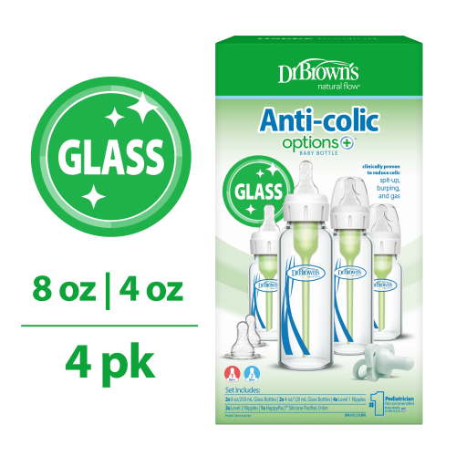 Dr. Brown's Anti-Colic Options+ Narrow Glass Bottle Starter Set, 4oz / 8oz Bottles, Levels 1, 2 Nipples, and HappyPaci Pacifier