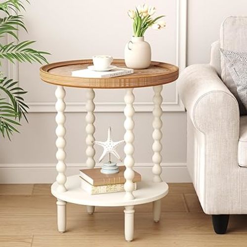 Round End Table, Farmhouse Side Table with Storage Shelf, 2 Tier Wooden Nightstand, 19.2” Accent Table for Living Room Bedroom Small Space, Natural Tray Top and Vintage White Spindle Leg