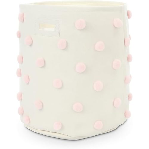 17.5 D x 20.8 H Pink Pom Pom Basket Bin Blush Large Cotton Canvas Laundry Hamper Baby Girl Laundry Basket Storage, Baby Nursery Hamper for Nursery Playroom Home Pink Room Organizer Decor