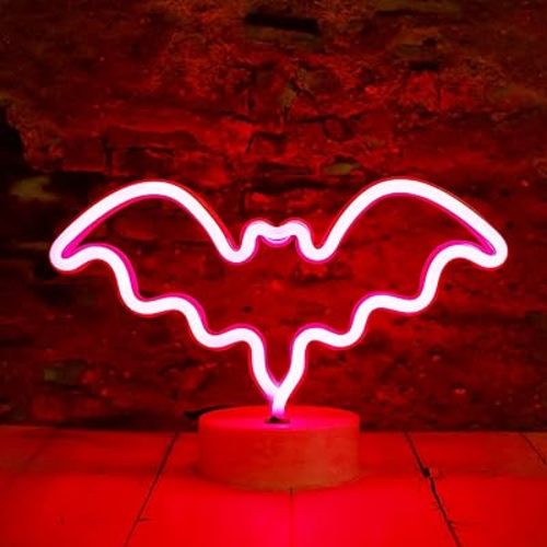 LED Neon Bat Lights Halloween Decorations, Bat Shape Neon Signs Night Lights Battery Operated Desk Table Lamp Gothic Decor for Bedroom, Bar, Wall-Bat with Holder Base(Red)