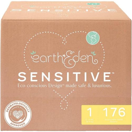 Earth & Eden Sensitive Baby Diapers, Size 1 (176 Count) - Eco-Conscious & Hypoallergenic Diapers - No Harsh Chemicals - Comfortable and Gentle on Skin - Dermatologically Approved