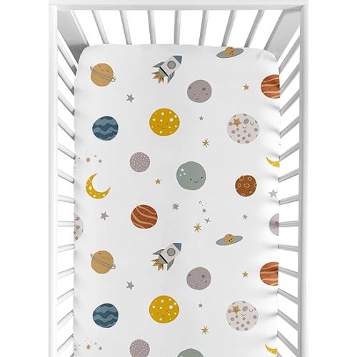 Sweet Jojo Designs Fitted Baby Crib Sheets (Outer Space Themed) for Boys, Infant Nursery, Toddler Room - Standard Size (Moon and Stars, Whimsical, Star Galaxy, Planets, Rocket Ships, Moons, Celestial)
