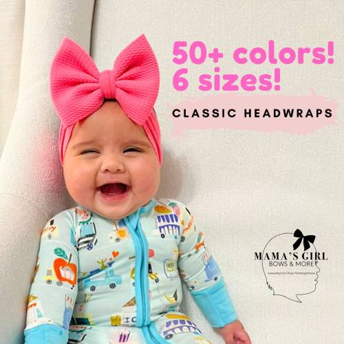 CLASSIC HEADWRAP BOWS, 60 Colors, Baby Girl Bows, Stretchy Headwrap, Headband, Micro Preemie, Newborn, Infant, Baby, Toddler Outfit.