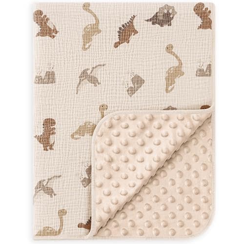 Susurration Baby Blanket for Unisex Boys Girls, Soft Nursery Minky Blanket with Muslin Cotton Front and Dotted Fleece Back, Receiving Blanket for Baby Newborn Infant, 30x40inch (Dinosaur)