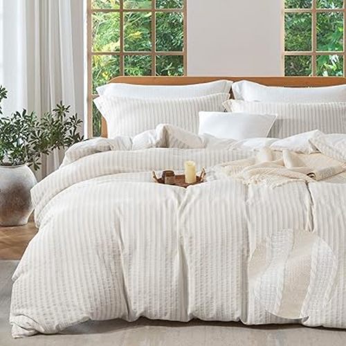 MILDLY Beige Striped Duvet Cover - 100% Washed Cotton Jacquard Textured Comforter Cover with Dual Zipper Closure & 8 Coner Ties