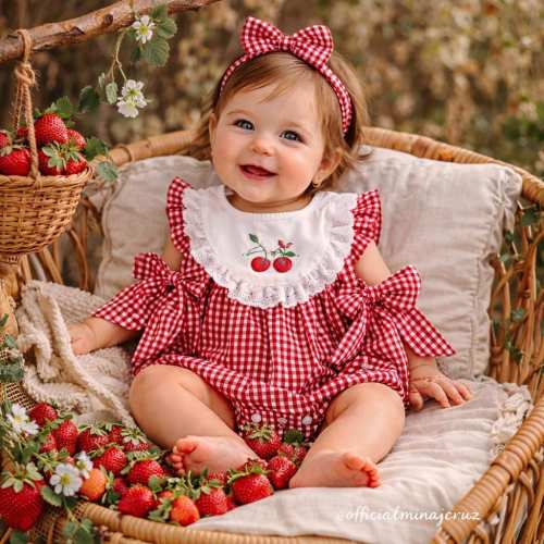 Baby Girl Red Gingham Romper with Cherry Embroidery & Ruffle Sleeves – Vintage Style Cotton Outfit