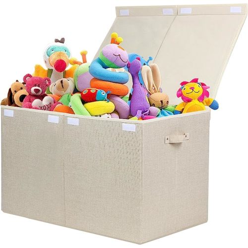 Large Toy Box Chest Storage with Flip-Top Lid, Collapsible Kids Storage Boxes Container Bins for Toys, Playroom Organizers, 25"x13" x16" (Linen Black)