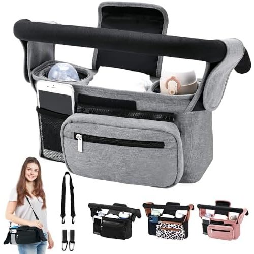 NARUTOO Baby Stroller Organizer, Universal Stroller Organizer with Detachable Phone Bag, Stroller Caddy with 2 Insulated Cup Holders, Buggy Organizer Bag with 2 Hooks Fits Most Strollers (Grey)