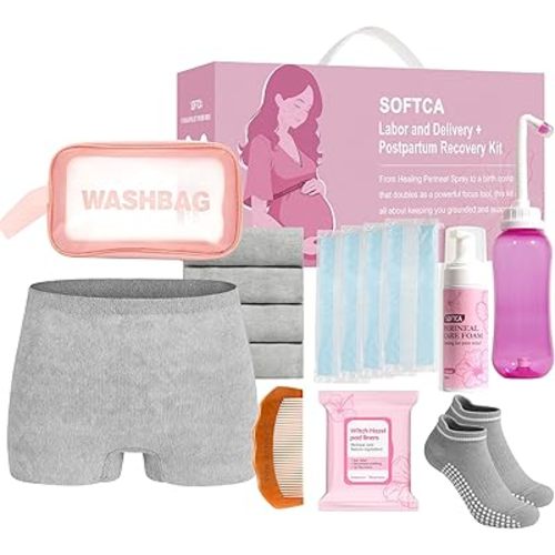 Postpartum Recovery Essentials Kit - Birth Comb,Peri Bottle,Disposable Postpartum Underwear,Perineal Healing Foam,Instant Ice Pads,Cooling Pad Liners,Socks,Canvas Bag,Postpartum Kit Gift Set