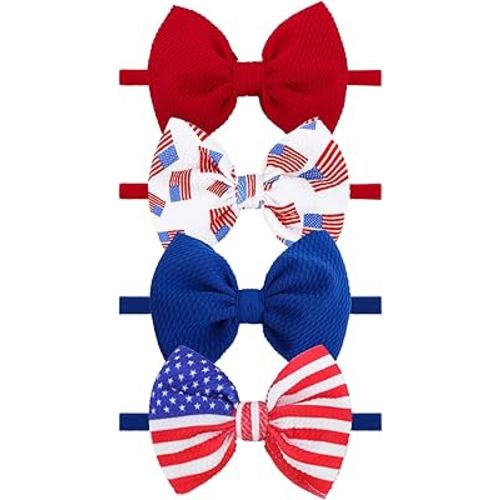 4th of July Baby Headband Set - Patriotic Hair Bows and Nylon Headband for Newborns and Toddler Girls - 4Pcs Red American Flag Design