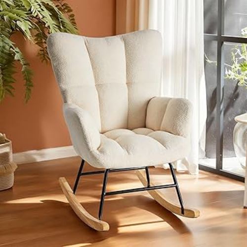 DUMOS Rocking Chair with High Backrest, Teddy Upholstered Indoor Reading Glider Chair with Comfy Seat for Bedroom, Living Room, Office, Beige